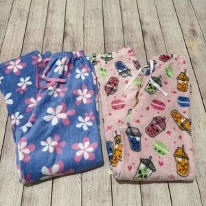 Lot of 2 Womens Fuzzy Pajama Pants Size Small Boba Tea Flowers Pink Blue